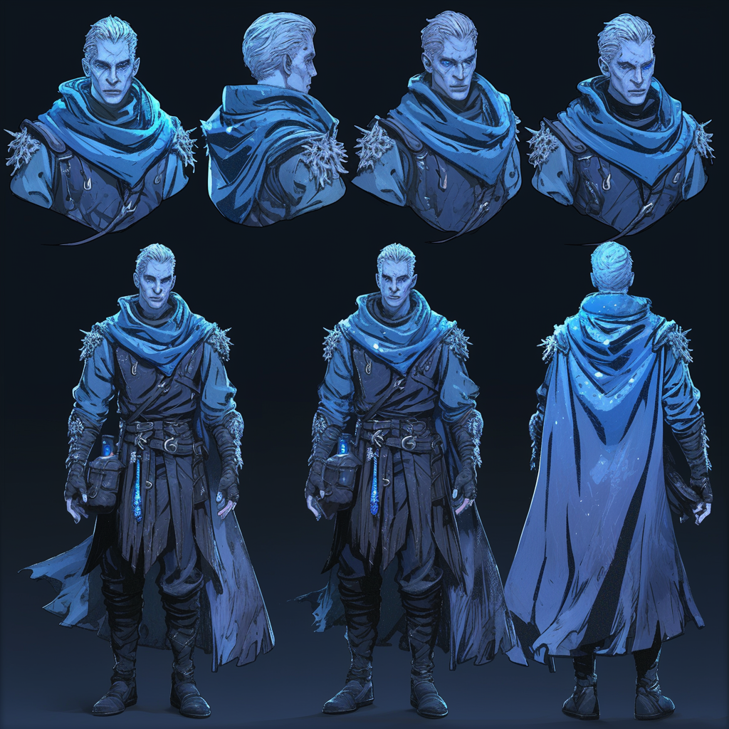 Male frost genasi sorcerer in winter clothing design.