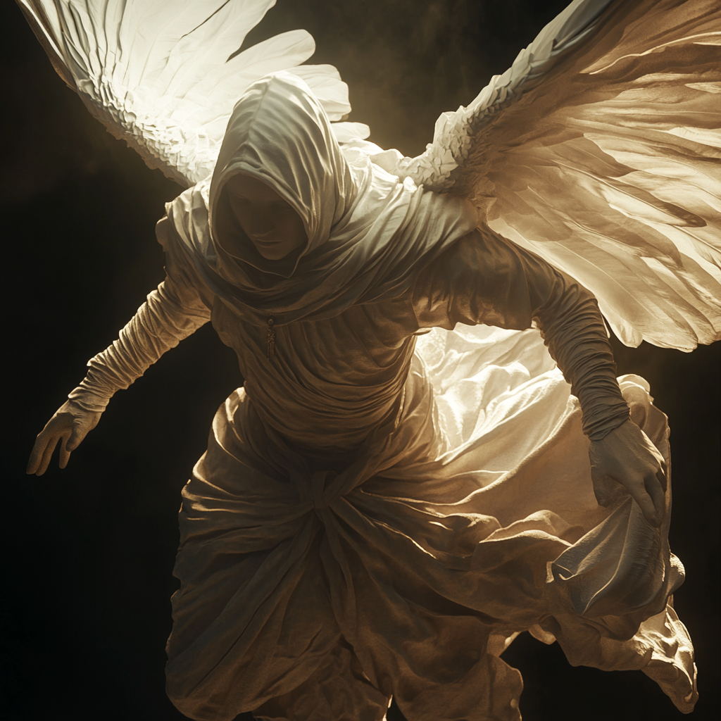 Male guardian angel flying, draped in flowing cloth, realistic.