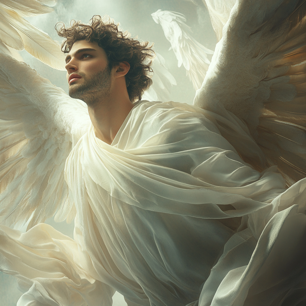 Male guardian angel in Renaissance style, flying overhead realistically.