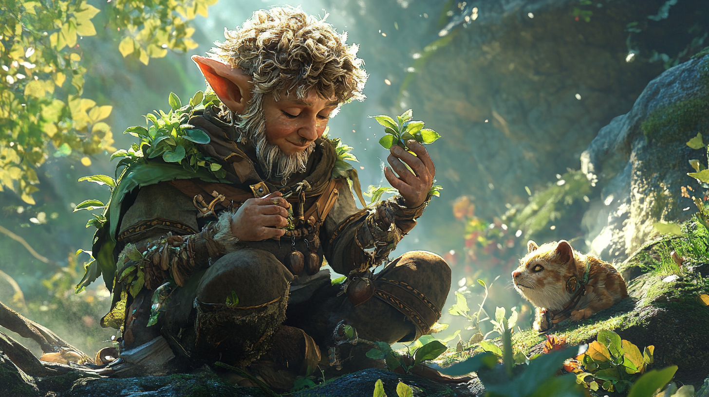 Male halfling Druid with animal companion in epic outdoor action shot.