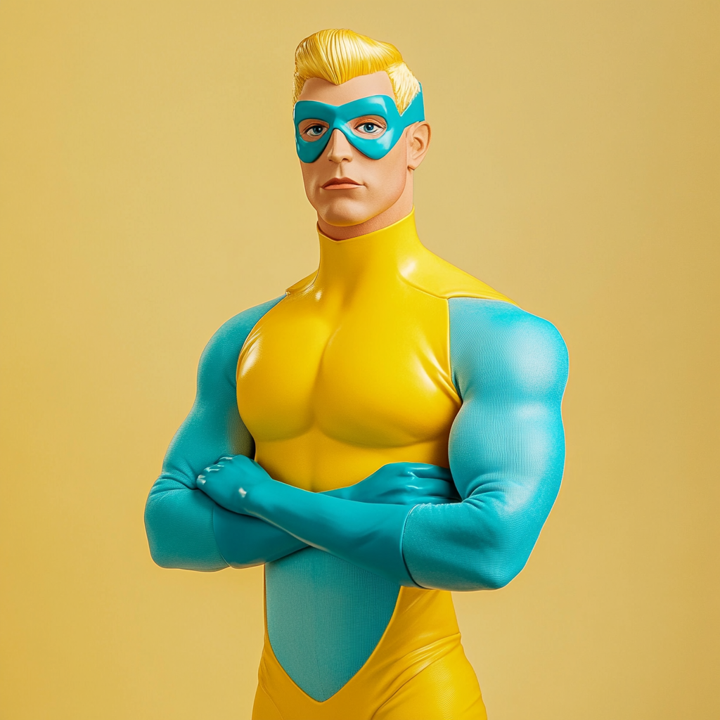 Male hero puppet with yellow and light blue costume.