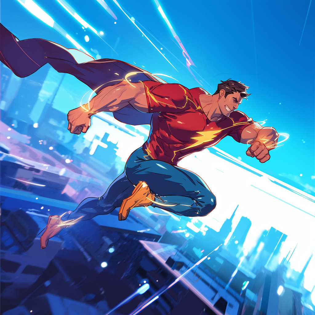 Male hero running in speedster costume, city backdrop art.