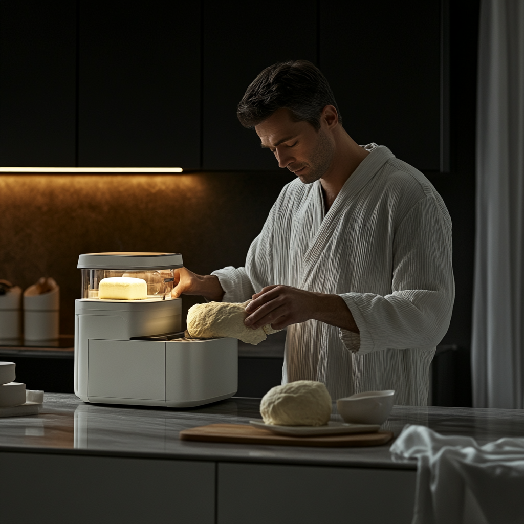 Male in kitchen, using futuristic bread machine.