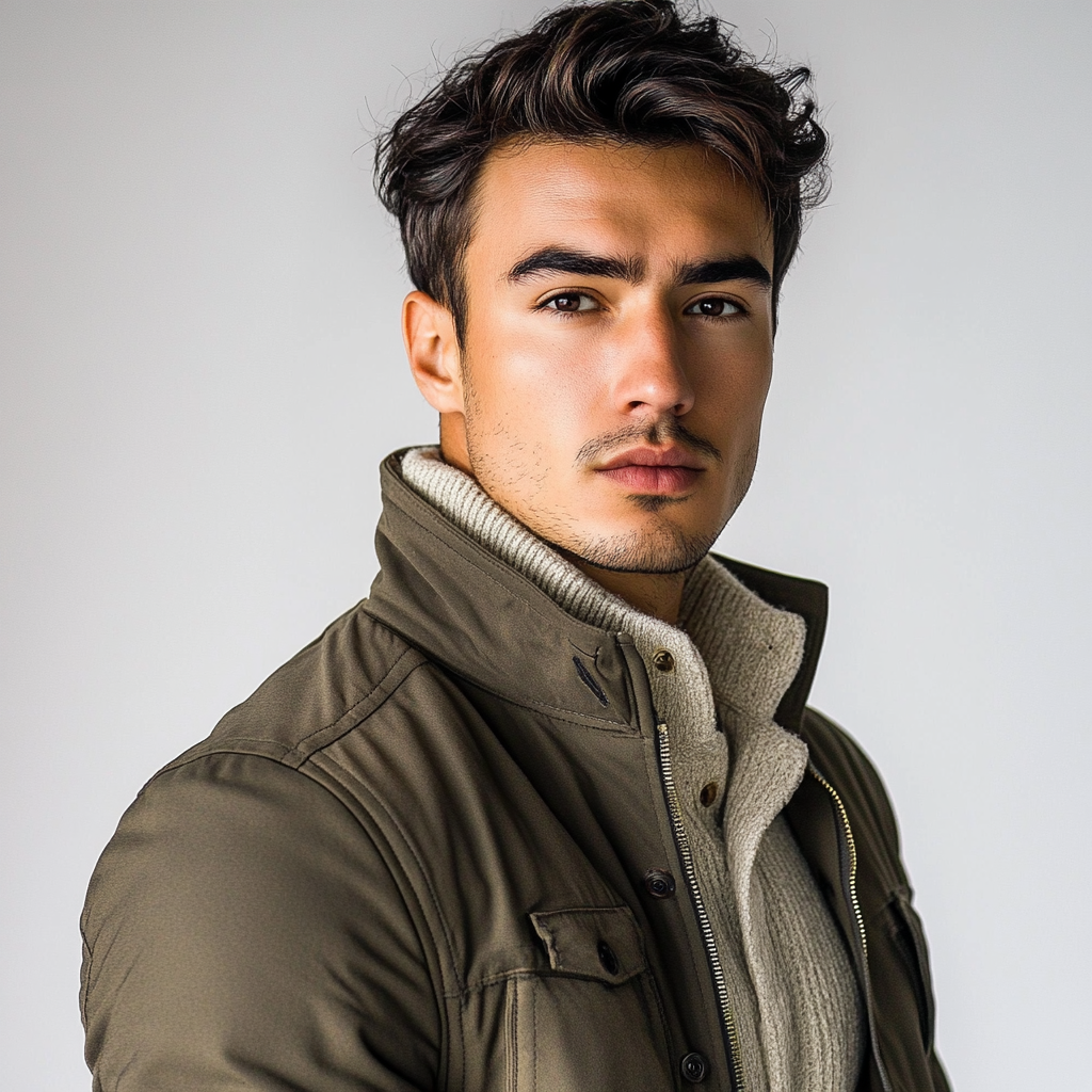 Male model in classy golf clothing and jacket pose.