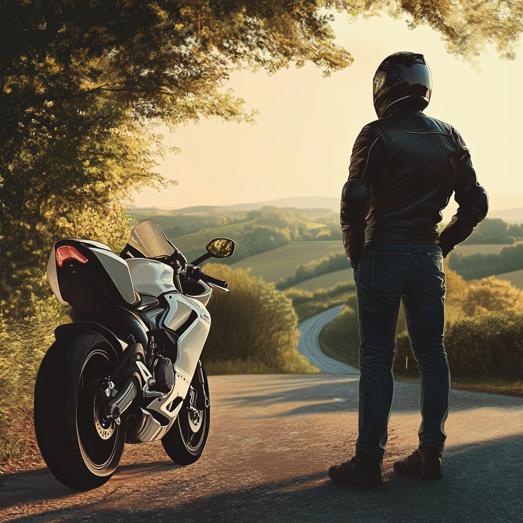 Male motorcyclist on road turning off engine, conserving fuel.