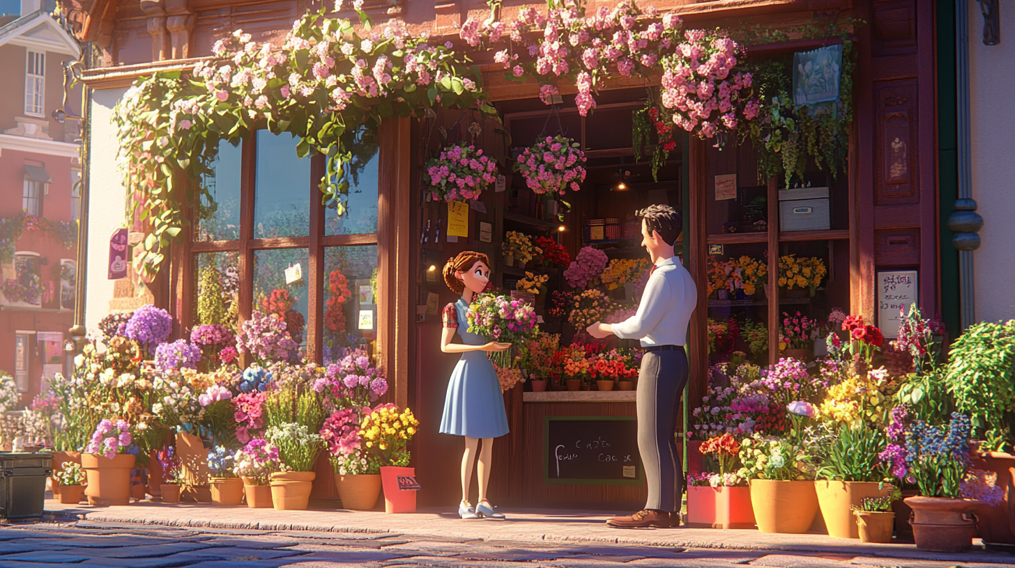 Male passerby greets female florist outside shop in 5pm.