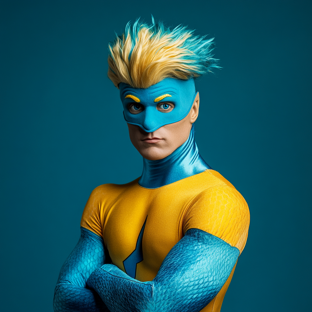 Male puppet hero with blonde and blue aquatic costume