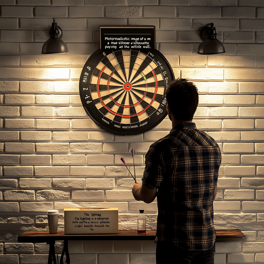 Male silhouette playing darts indoors aiming at board.