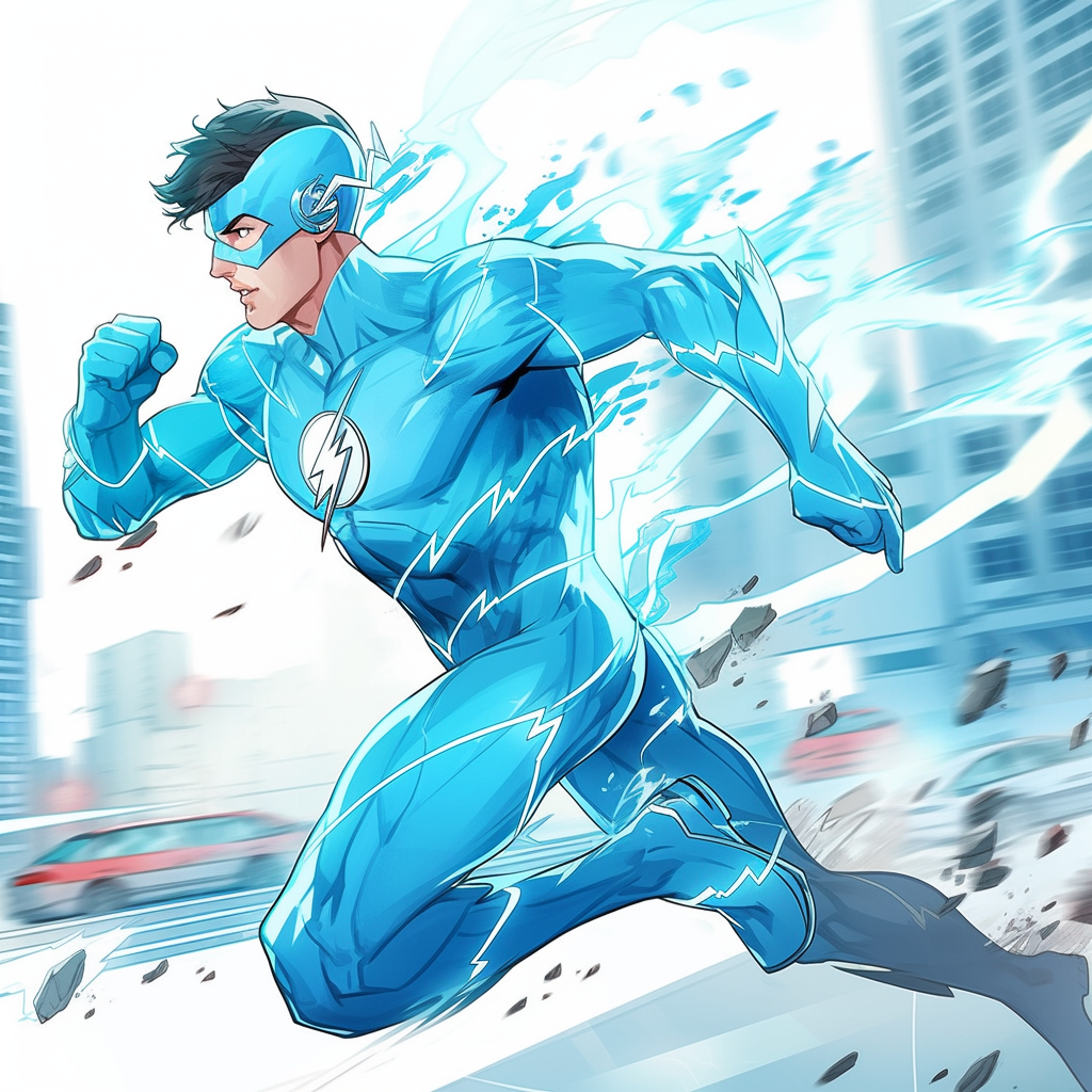 Male superhero Speedster sprinting in light blue costume. City backdrop.