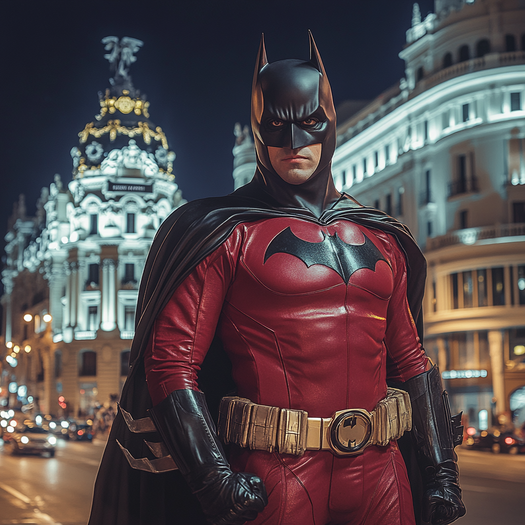 Male superhero in red costume, mix of Darth Vader and Batman, Gran Vía, Madrid, night view