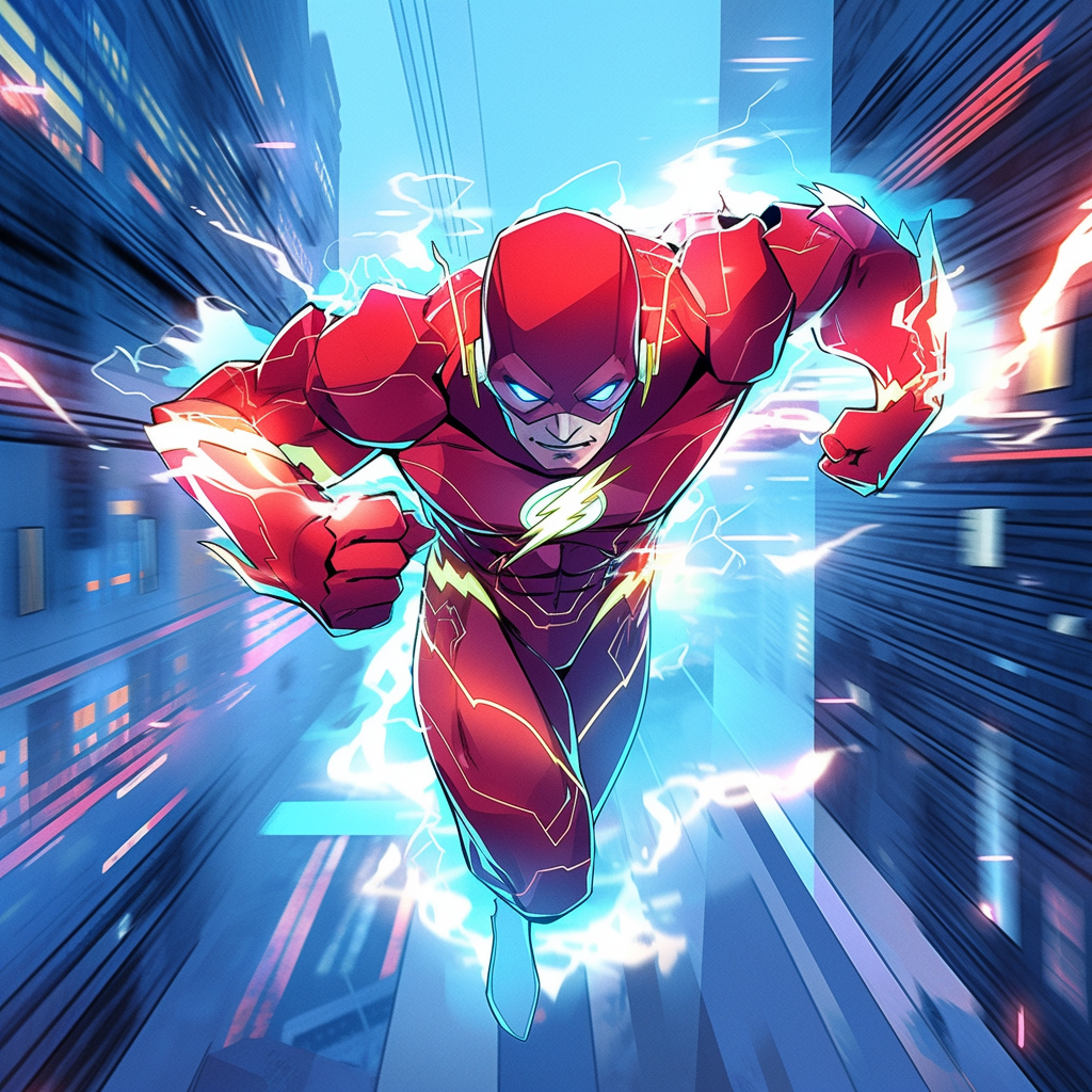 Male superhero speedster running in city wearing speed-based costume.