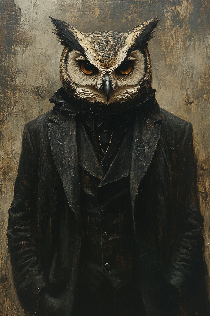 Male with owl head in vintage black attire art.