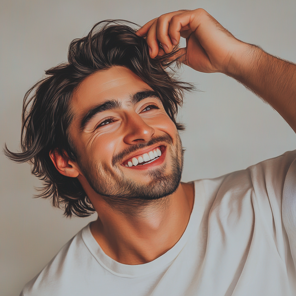 Male with thick, healthy hair, smiling confidently and pointing.