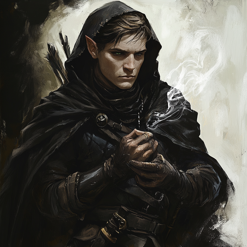 Male wood elf rogue in black cloak casting magic