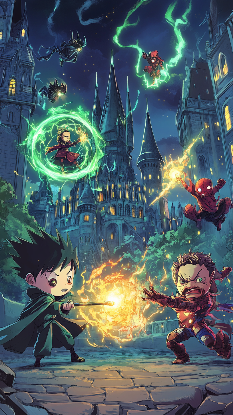 Maleficent, Naruto, Iron Man, Joker, Groot duel magically.