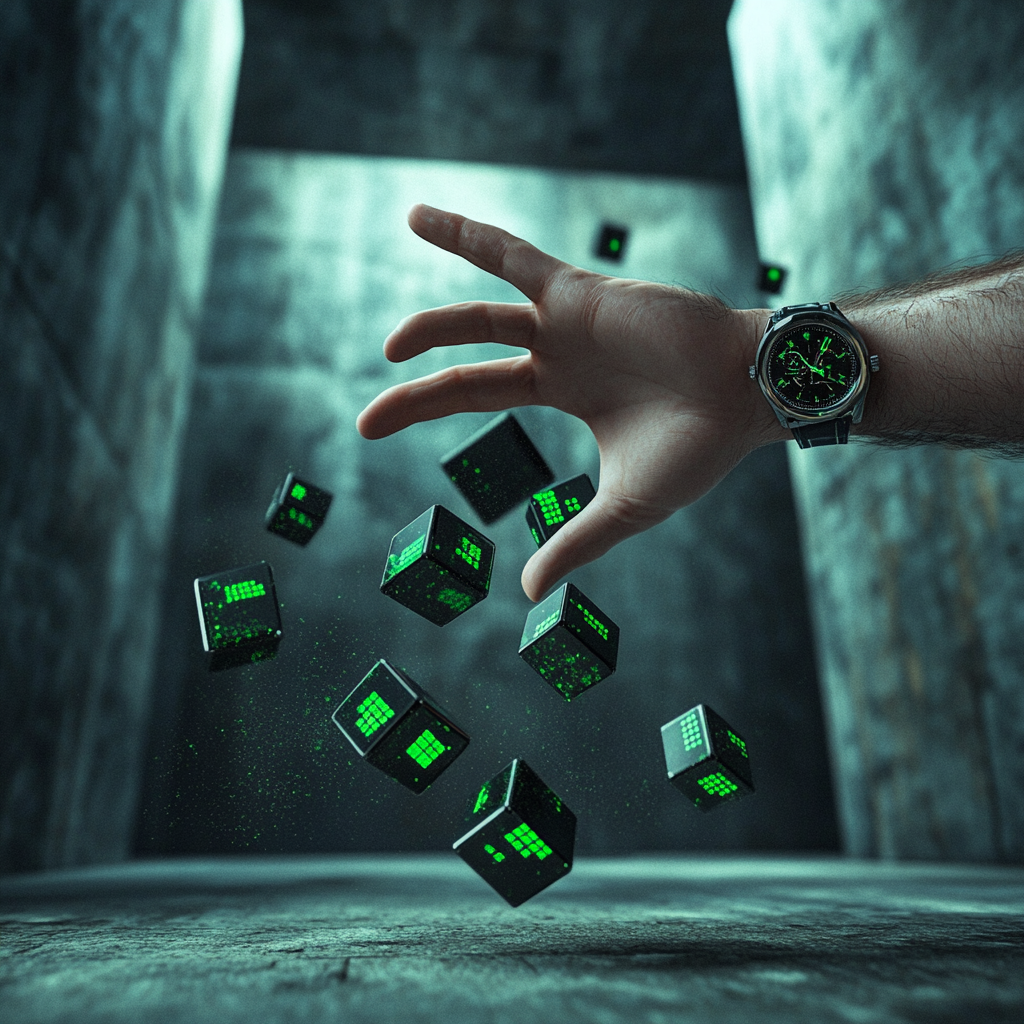 Man's hand dropping green tick cubes with impact effect