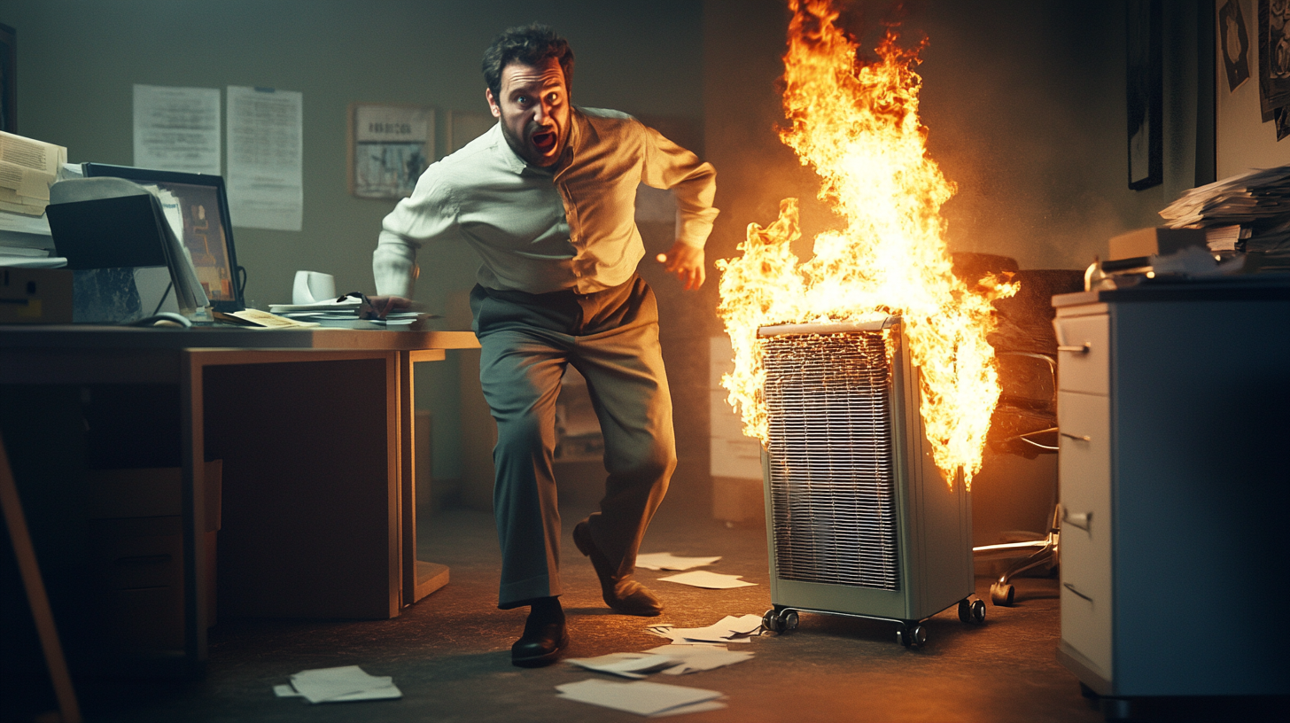 Man's pants catch fire in chaotic office scene.