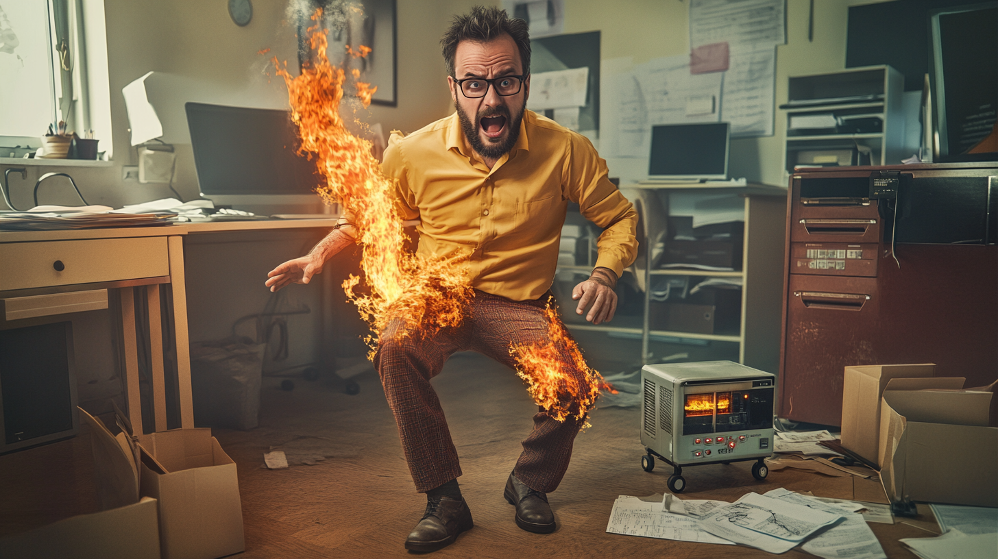 Man's pants on fire in chaotic office scene.