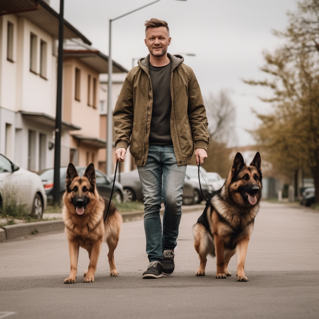 Man, Child, German Shepherd Walking Suburban Sidewalk Cinematic