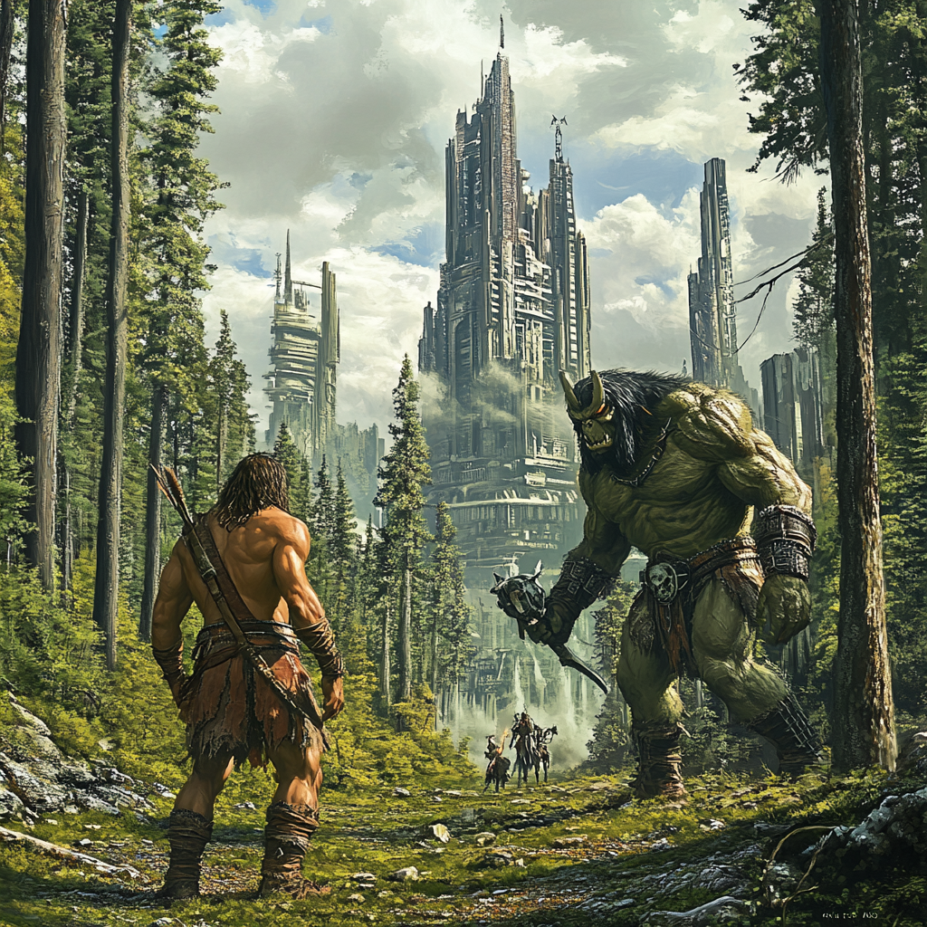 Man Battles Orc in Stone Age Futuristic City