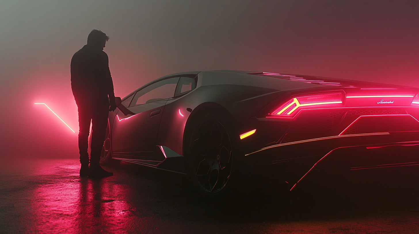 Man Beside Neon-Lit Lamborghini on Foggy Night