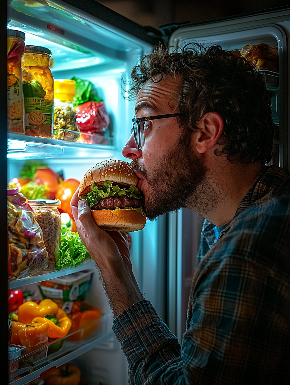 Man Eating Half a Hamburger By Fridge Light