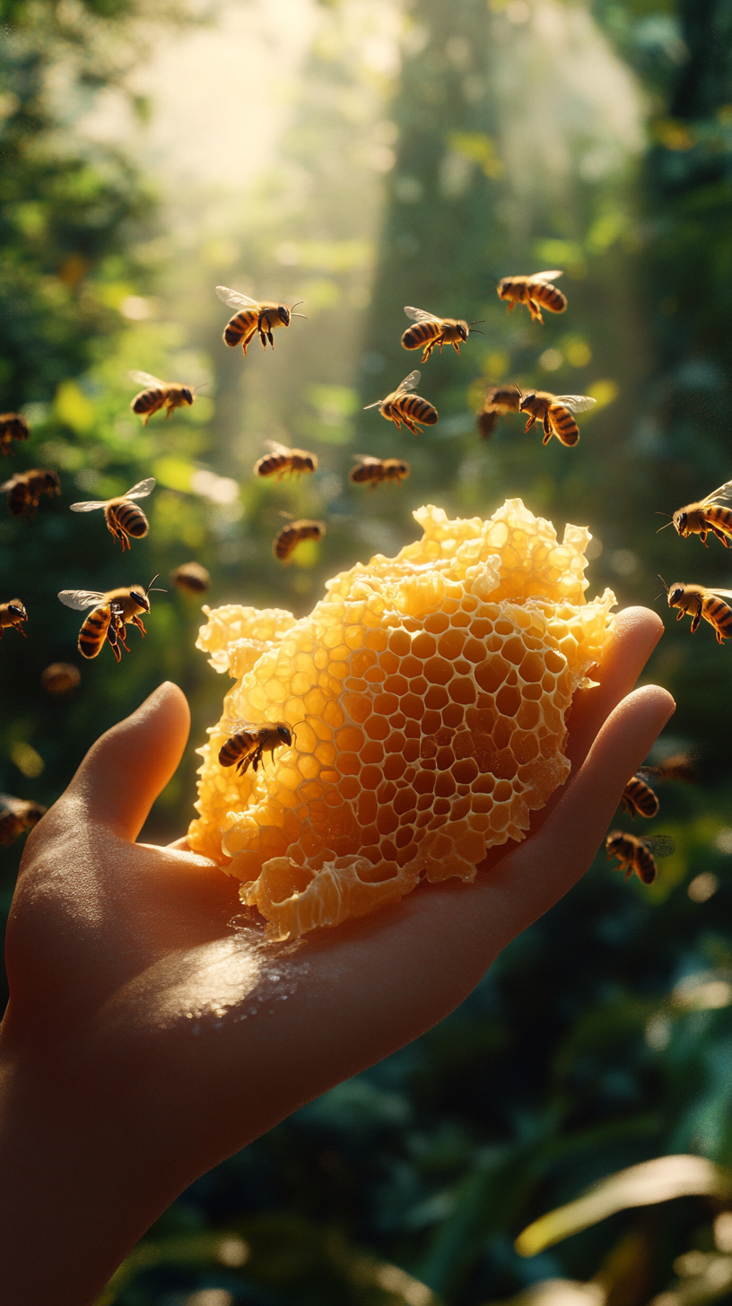 Man Holding Organic Honeycomb With Bees in Jungle