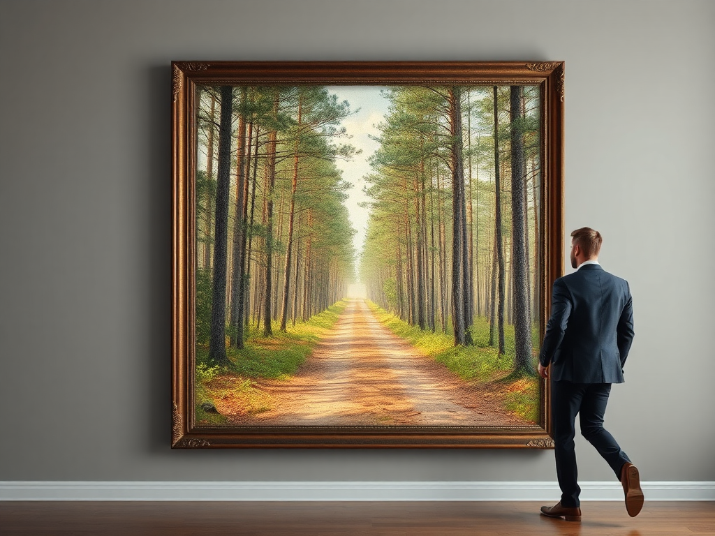 Man In Suit Walks Through Antique Forest Painting