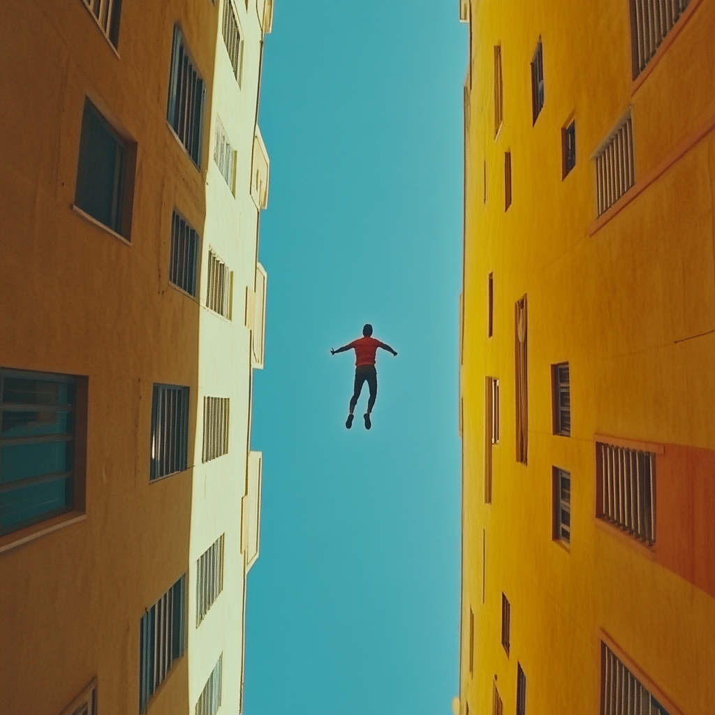 Man Jumping Over City Towards Bright Sky