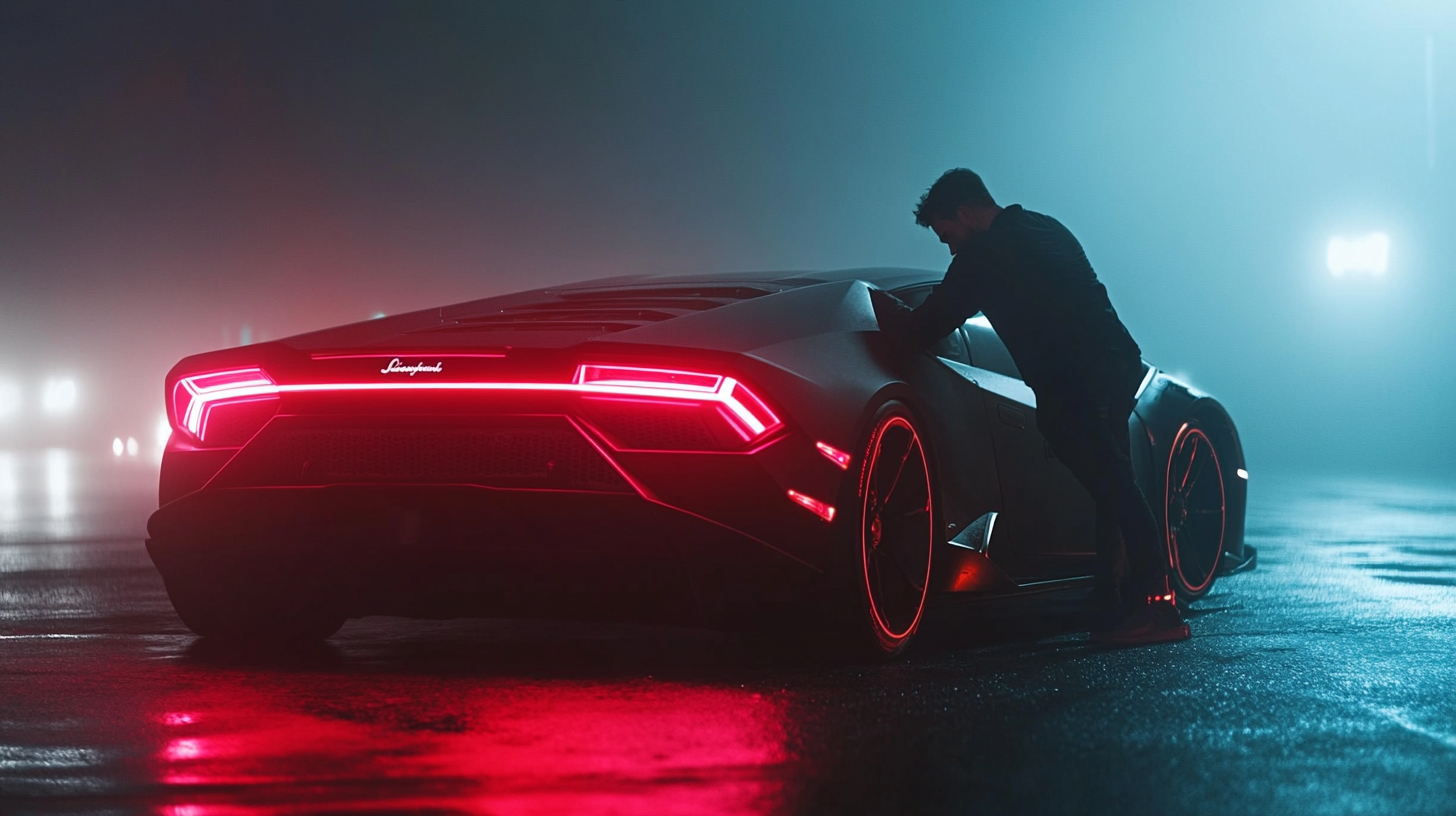 Man Leaning on Black Lamborghini in Neon Night