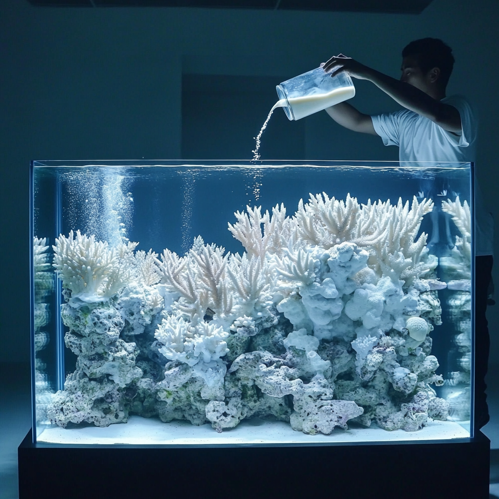 Man Pouring Thick Milk into 4ft Acropora Coral Tank