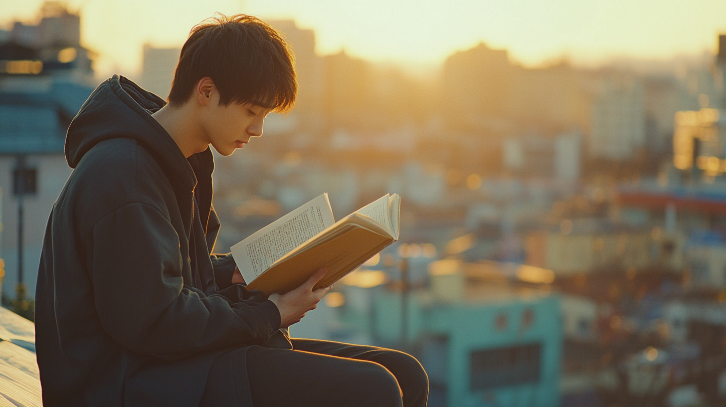 Man Reading Book on Sunny Rooftop with City View