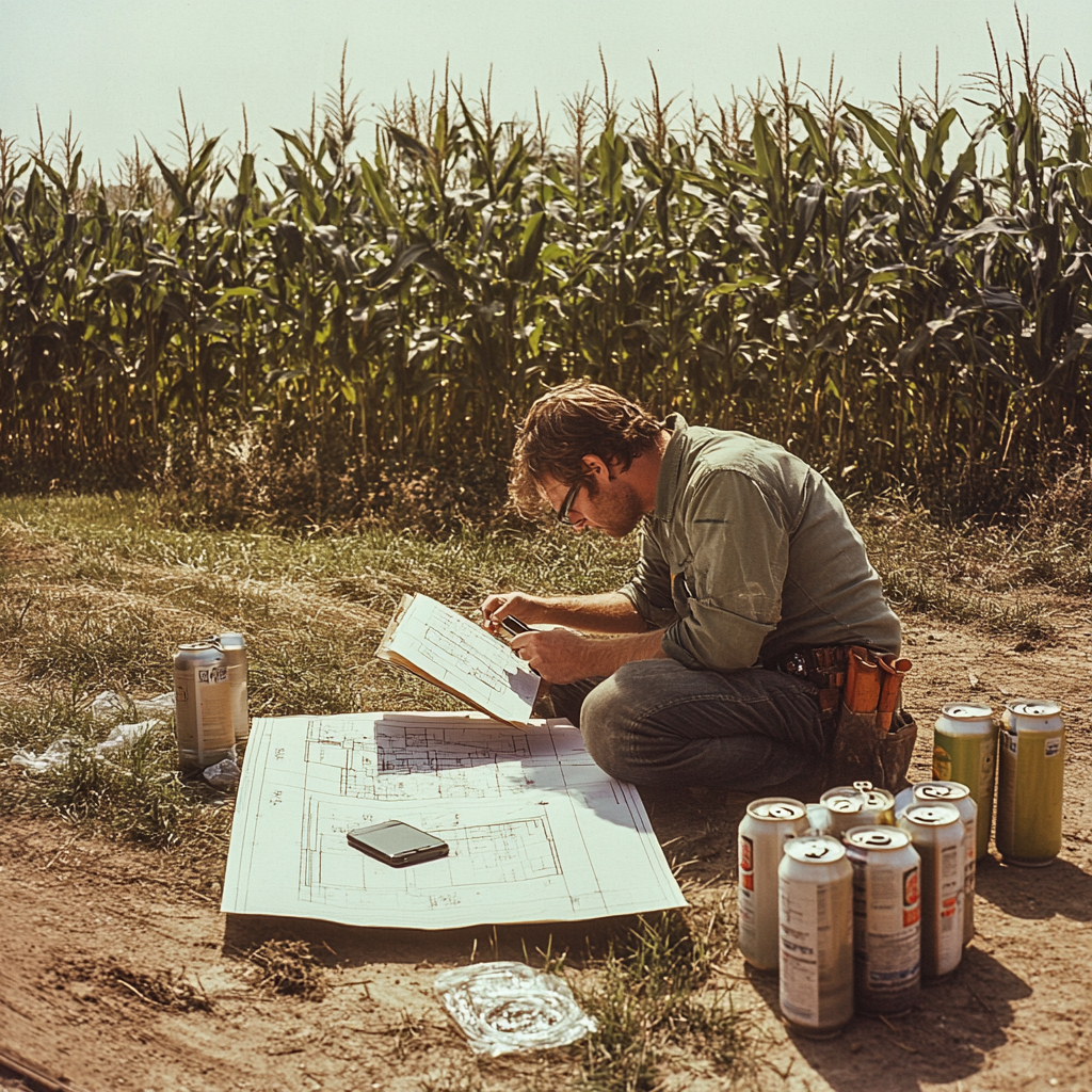 Man Reading Construction Plans Working Outdoors, 1970s 