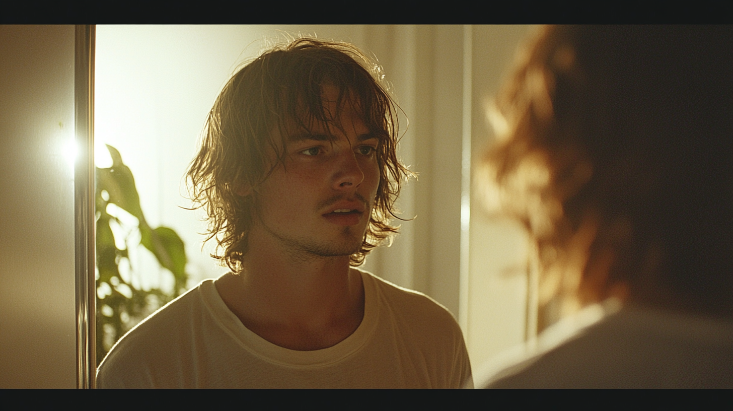 Man Reflecting in Sunlit Mirror, Looking Tired