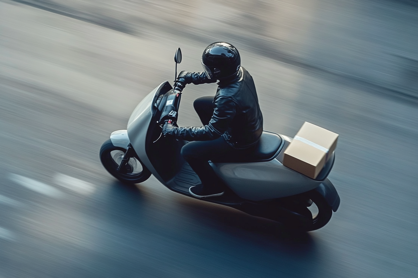 Man Riding Sleek Electric Scooter with Pizza Box