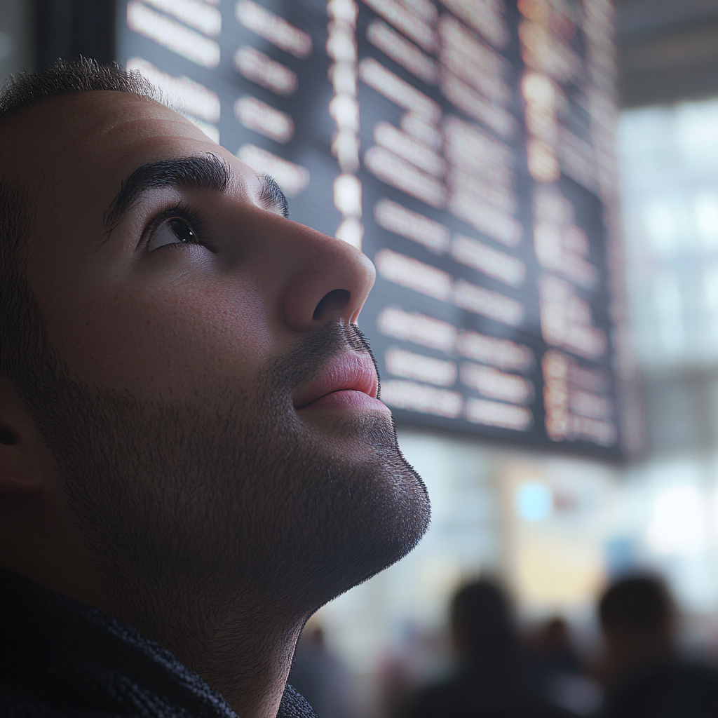 Man Smiling at Flight Board in Airport Display