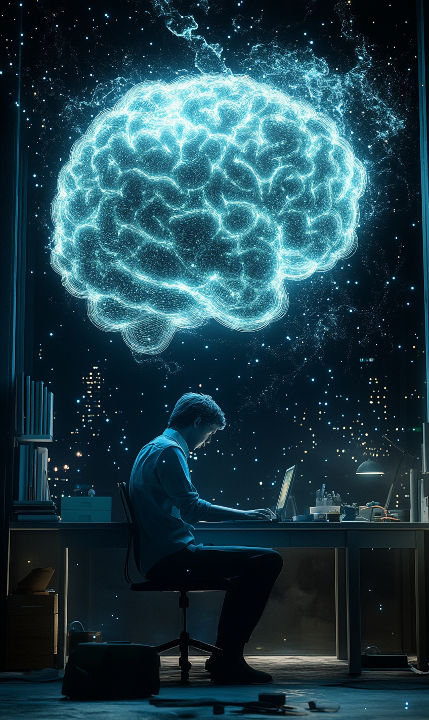 Man Typing at Desk with Oversized Brain Illustration