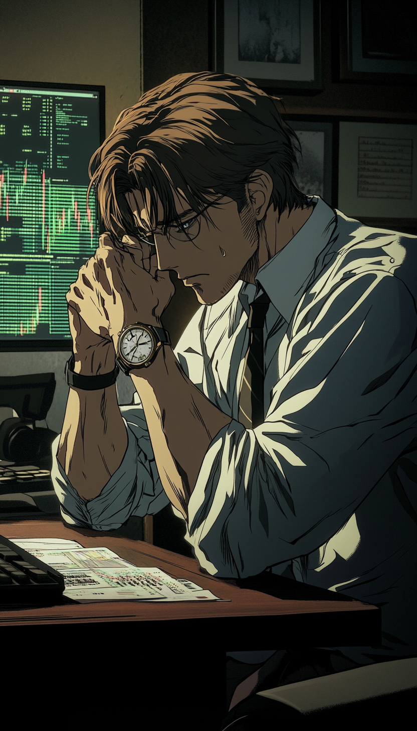 Man analyzing charts with Rolex watch, anxious expression.