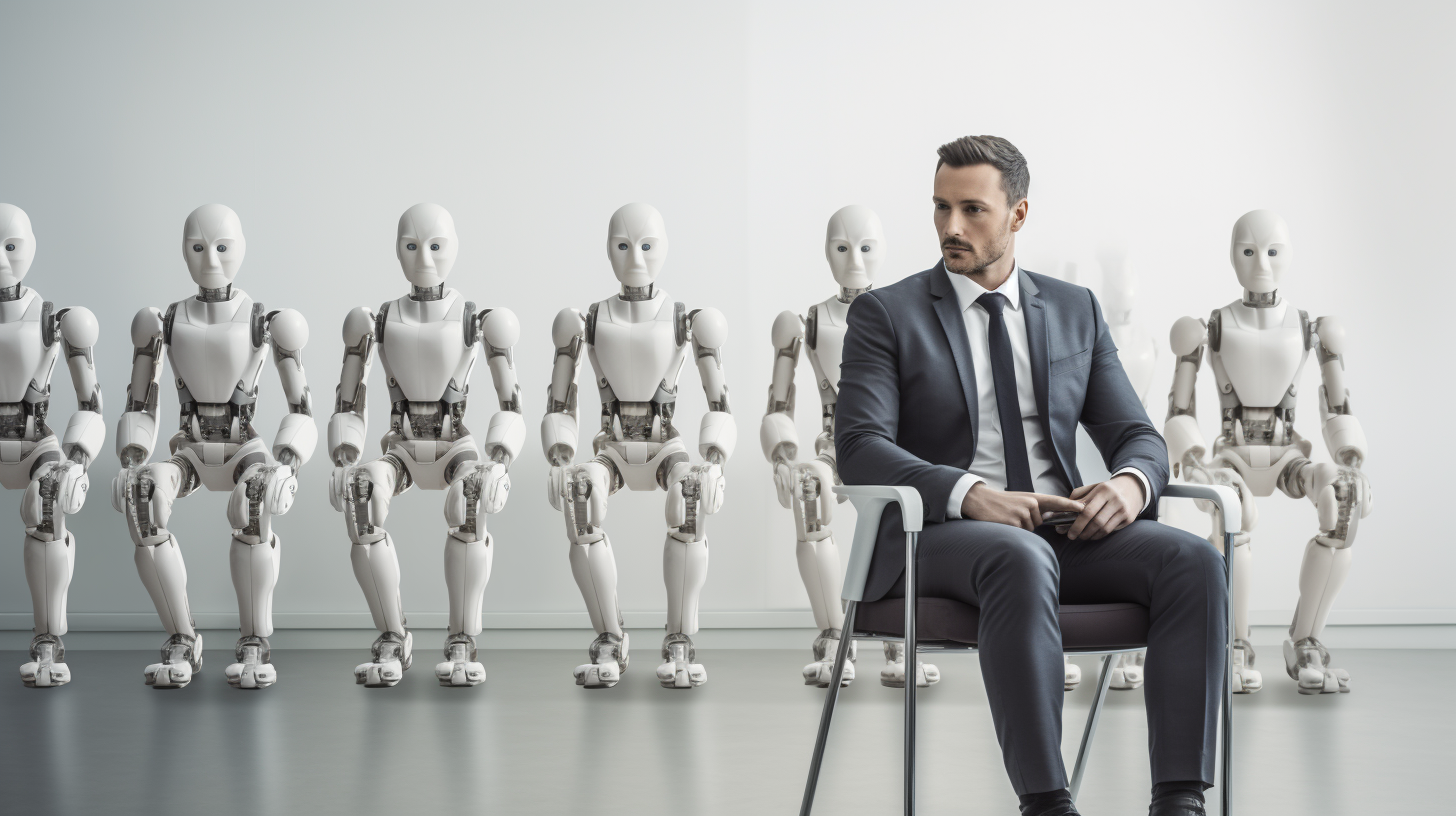 Man and AI robot waiting for job interview