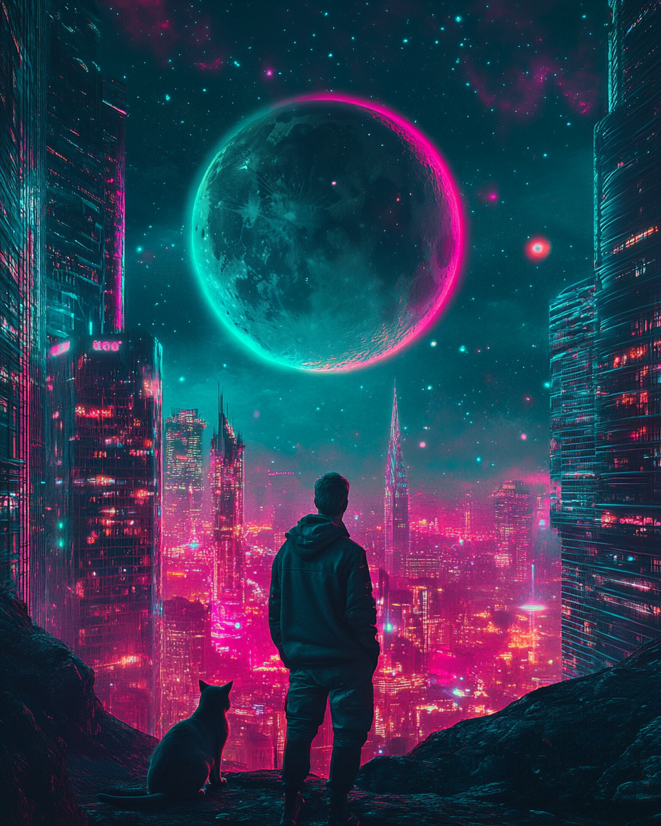 Man and cat in cyber city under cosmic skies.