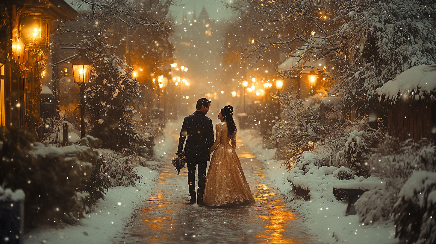 Man and girl in winter fairy tale fantasy