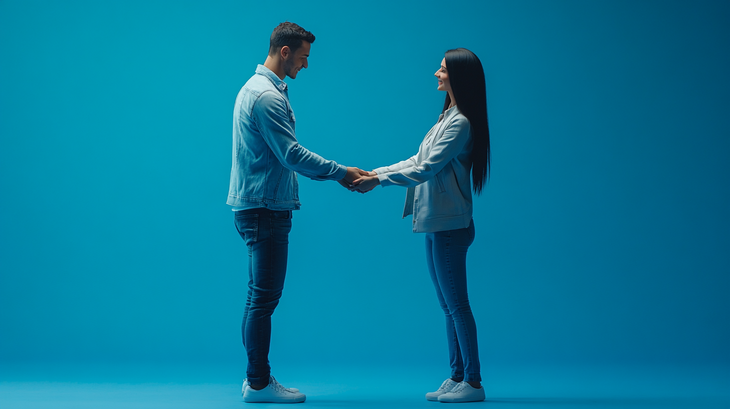 Man and woman dancing, holding hands, blue background, Canon.