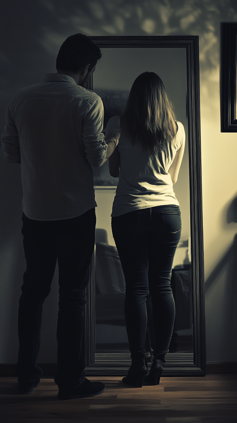 Man and woman embrace in front of mirror.