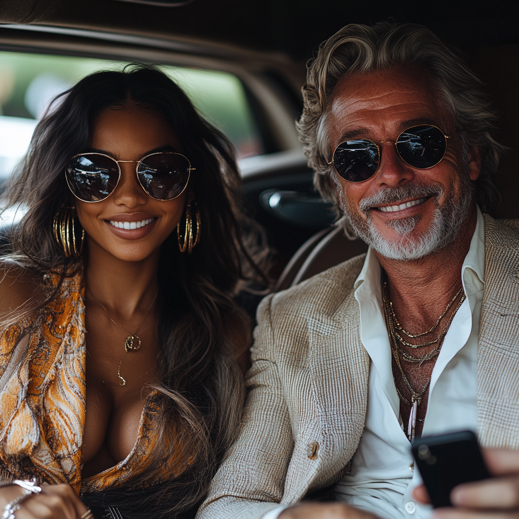 Man and woman in car, smiling with gift.