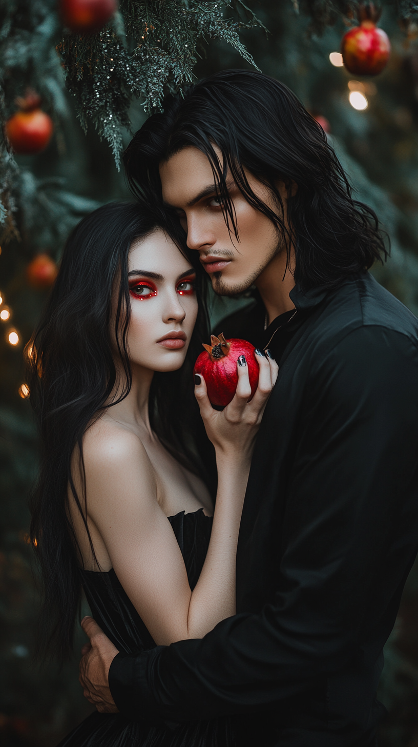 Man and woman in woods with pomegranate, magical night.