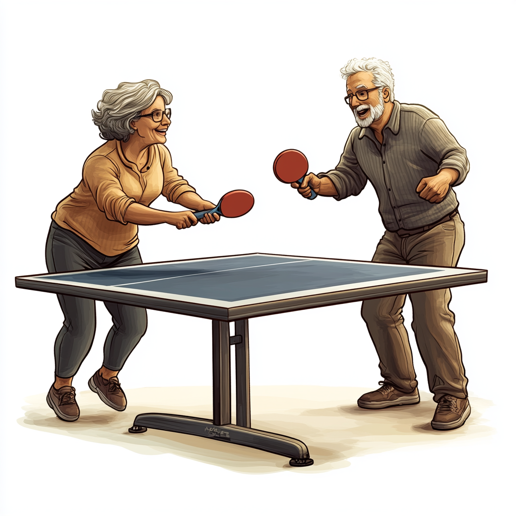 Man and woman playing ping pong, 50s, cartoon style