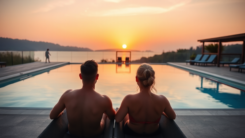 Man and woman relaxing near pool sunset