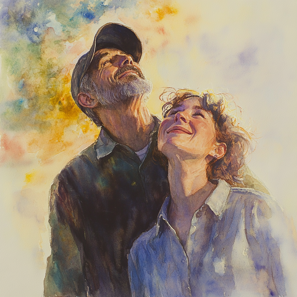 Man and woman share heartfelt moment in painting.