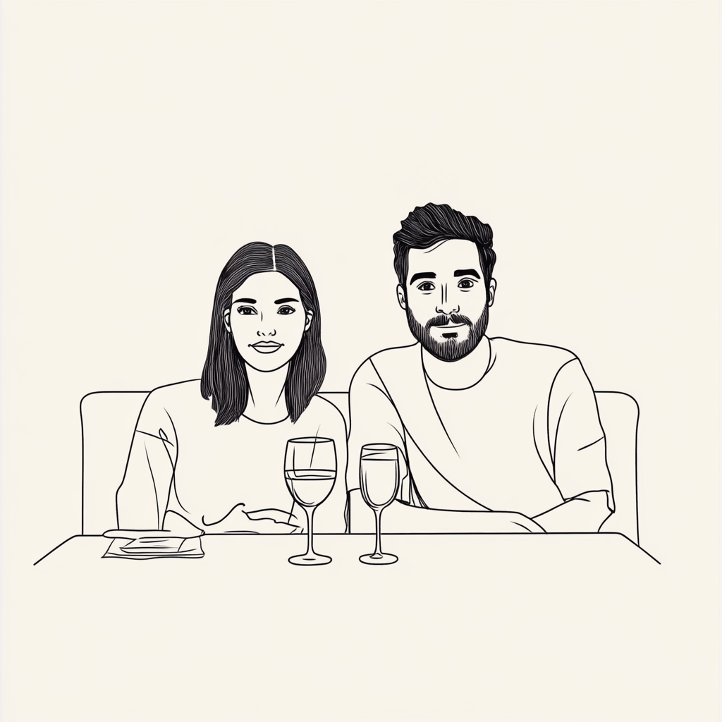 Man and woman sitting at restaurant booth smiling slightly.