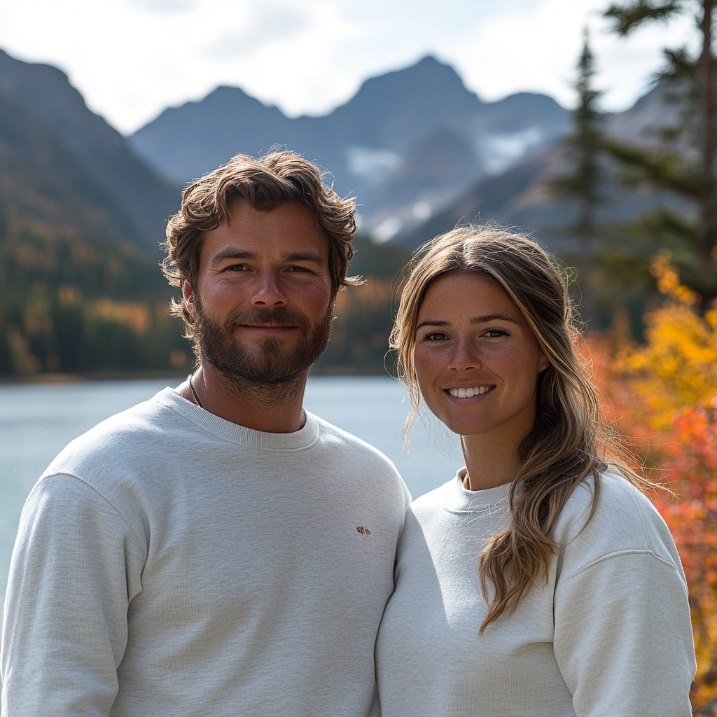 Man and woman smiling with mountains and lake behind.